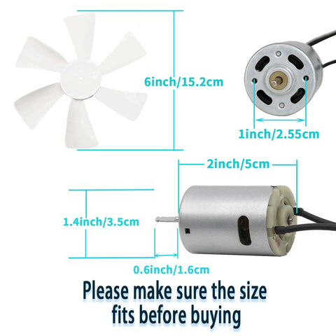 6 Inch RV Vent Fan Motor Replacement With Blade, 12V D Shaft, includes motor dimensions for camper or motorhome vent fan installation.