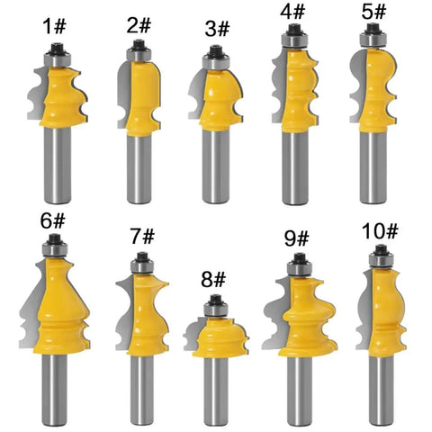 Top Shelf Half Inch Shank Router Bit Set featuring architectural molding and handrail profiles, ten distinct router bits.