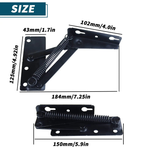 Heavy Duty Furniture Spring Hinges 80 Degree Lift Brackets Built Like A Tank Rock Solid Steel dimensions with black zinc plate finish