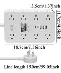 Total Game Changer Flat Power Strip With Eleven AC Outlets And Three Smart USB Chargers, dimensions shown, ideal for tight spaces.