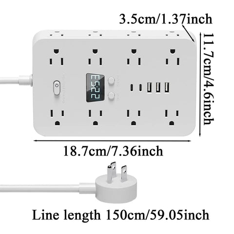 Total Game Changer Flat Power Strip With Eleven AC Outlets And Three Smart USB Chargers, dimensions shown, ideal for tight spaces.