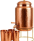 Hammered Copper Water Dispenser Pot 10 Liter With Brass Stand Tap And Knob Includes 4 Copper Tumblers