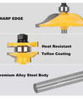 Close-up of Three Piece One Quarter Inch Shank Round Over Cove Router Bit Set with Teflon coating and alloy steel body for woodworking.