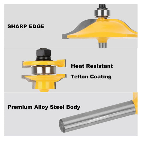 Close-up of Three Piece One Quarter Inch Shank Round Over Cove Router Bit Set with Teflon coating and alloy steel body for woodworking.