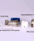 Rock Solid Brass PPR Union Ball Valve One Half Inch By Twenty Millimeter To Three Quarter Twenty Five Millimeter Pipe Coupler with brass body and blue handle.