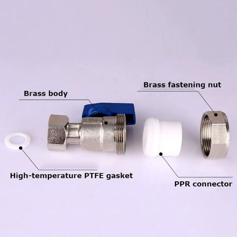 Rock Solid Brass PPR Union Ball Valve One Half Inch By Twenty Millimeter To Three Quarter Twenty Five Millimeter Pipe Coupler with brass body and blue handle.