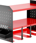 Garage Tool Organizer Wall Mount Drill Holder Pegboard Screwdriver Holder System With Magnet Bar And Organization Bin Cordless Drill Battery Charging Station Utility Shelf Red with two-tier shelves and bin compartments.