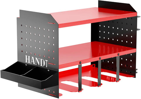 Garage Tool Organizer Wall Mount Drill Holder Pegboard Screwdriver Holder System With Magnet Bar And Organization Bin Cordless Drill Battery Charging Station Utility Shelf Red with two-tier shelves and bin compartments.
