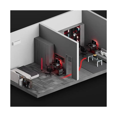Dual Motor Adjustable Standing Desk With Smooth Electric Lift And Preset Height Memory For Daily Grind Or Pro Gaming Setup Rock Solid Carbon Steel Frame Two Tier Mobile Computer Table On Quiet Casters inside modern gaming office layout.
