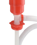 Hassle Free Plastic Drum Siphon Pump Works Like A Charm With Five Gallons Per Minute Flow Rate featuring a red pump top and white hose.