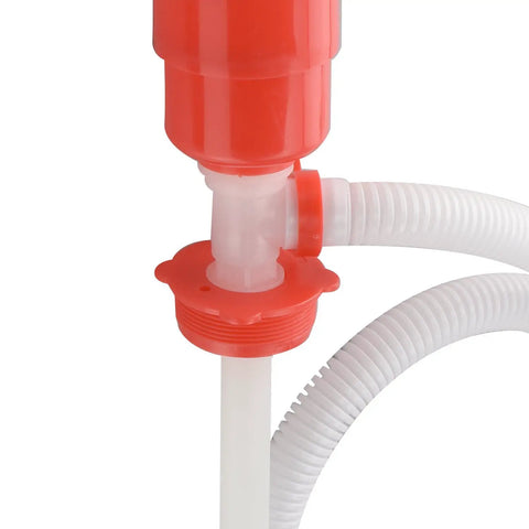 Hassle Free Plastic Drum Siphon Pump Works Like A Charm With Five Gallons Per Minute Flow Rate featuring a red pump top and white hose.