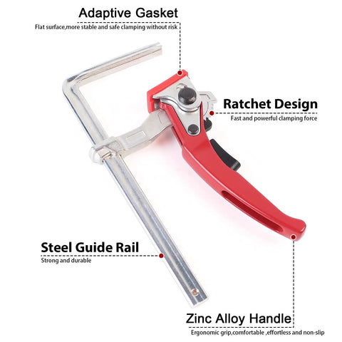 Ratcheting Table Clamp Set For Saw Tracks And Guide Rails Quick Bar Clamps For MFT Tables, detail of alloy steel build and ratchet design