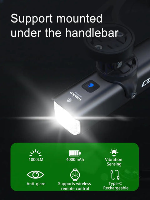 Ultra Bright Rechargeable Bike Light CL1000 mounted under handlebars showcasing 1000LM brightness and features.