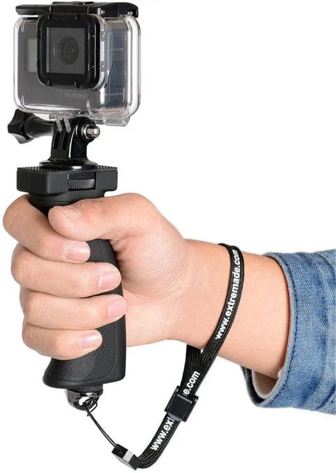 Person holding Ergonomic Camera Grip Stabilizer Rig for DSLR Mirrorless and Camcorder, visible with selfie stick mount and wrist strap.