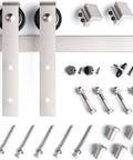 Brushed Nickel Sliding Barn Door Hardware Track Kit Heavy Duty Rollers 36-40 with screws and components on white background