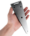 Heavy Duty 5 Inch Gate Strap Hinges Galvanized Iron 2 Piece Set With Installation Screws held in hand