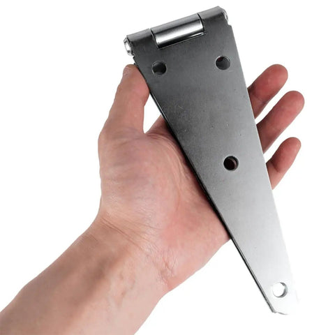 Heavy Duty 5 Inch Gate Strap Hinges Galvanized Iron 2 Piece Set With Installation Screws held in hand