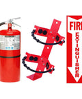 Two Pack Twenty Lb Type Abc Fire Extinguisher Kit With Heavy Duty Wall Bracket And Bold Warning Sign next to fire extinguisher.