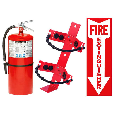 Two Pack Twenty Lb Type Abc Fire Extinguisher Kit With Heavy Duty Wall Bracket And Bold Warning Sign next to fire extinguisher.