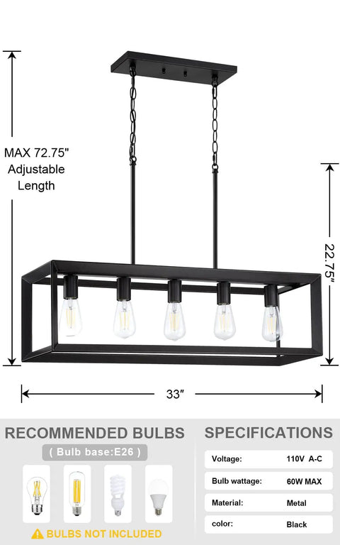 Five Light Cage Pendant Island Light With 33 Inch Adjustable Hanging Ceiling Fixture In Oil Rubbed Bronze Looks Slick For Farmhouse Kitchen UL Listed Dimmable Compatible E26 Base LED Ready, showing measurements and specifications, black metal frame.
