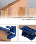 Woodworking trimmer double cutter set; two blue plastic clamps with blades trimming wood edge