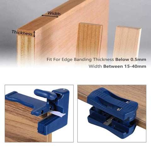 Woodworking trimmer double cutter set; two blue plastic clamps with blades trimming wood edge