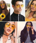 Top Shelf Anti Glare Night Vision Polarized Aviator Sunglasses Decked Out In Sleek Gold Frames And Bright Yellow Lenses on models.