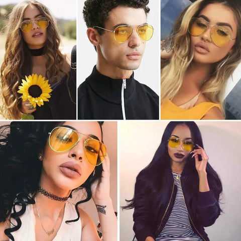 Top Shelf Anti Glare Night Vision Polarized Aviator Sunglasses Decked Out In Sleek Gold Frames And Bright Yellow Lenses on models.