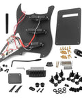 ST Style Electric Guitar DIY Kit With Prewired Pickguard, Bridge And SSS Pickups, No Soldering Design, Black components displayed