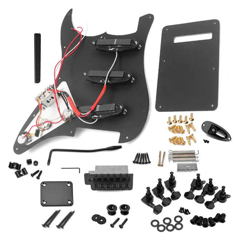 ST Style Electric Guitar DIY Kit With Prewired Pickguard, Bridge And SSS Pickups, No Soldering Design, Black components displayed