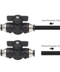 Push-to-connect pneumatic ball valve, 1/4 in, straight tube fittings, black body with metal end caps