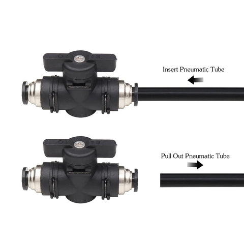 Push-to-connect pneumatic ball valve, 1/4 in, straight tube fittings, black body with metal end caps