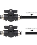 Three Pack Three Eighths Inch Push To Connect Pneumatic Valve Kit With Quick Connect Tube Fittings And Air Flow Control For Fast Easy Install Union Straight Fittings Heavy Duty Air Flow In Industrial Applications, black valve with tube insertion guide