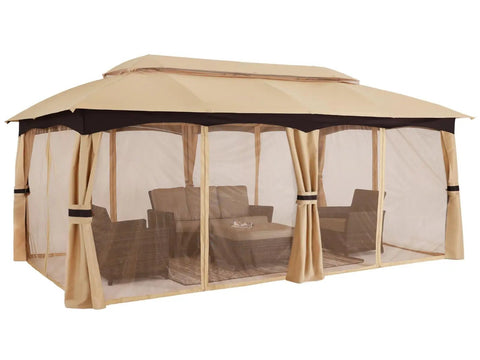 10x20 Outdoor Gazebo with Mosquito Netting, all weather steel frame canopy for shade and rain, beige color, installed view