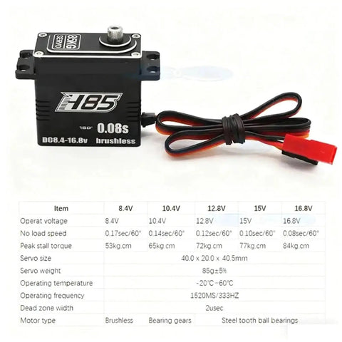 Hella Durable 85Kg High Torque Digital Servo With Waterproof Brushless Motor And Steel Gears For 0.08Sec Speed At 16.8V side view showcasing dimensions and features