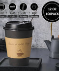 100 Pack 12 Oz Thickened Coffee Cups With Lids Sleeves And Straws For To Go Coffee prominently displayed with black cup.