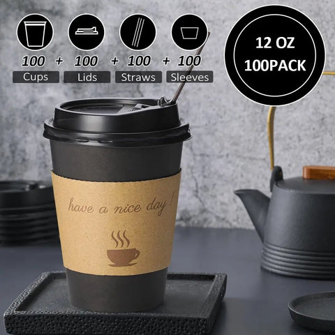 100 Pack 12 Oz Thickened Coffee Cups With Lids Sleeves And Straws For To Go  Coffee At Home Office Cafes And Parties Black 12 Oz Cups Bundle Perfect 