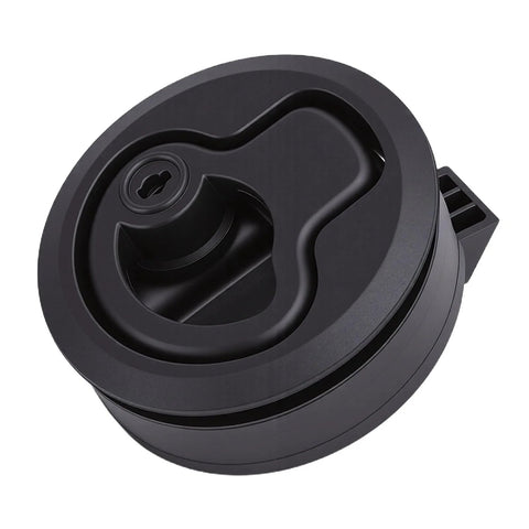 Close-up of round black flush-mount hatch latch for marine cabinets and drawers