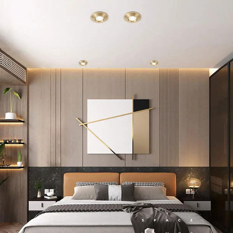 Kick Up Your Space With These Solid Brass Round Dimmable LED Recessed Downlights Featuring Anti Glare Tech And A Smooth 7W Glow For Zero Hassle Tool Free Install In Kitchens Hallways And Living Rooms Serving Major Upgrade Vibe in modern bedroom ceiling.