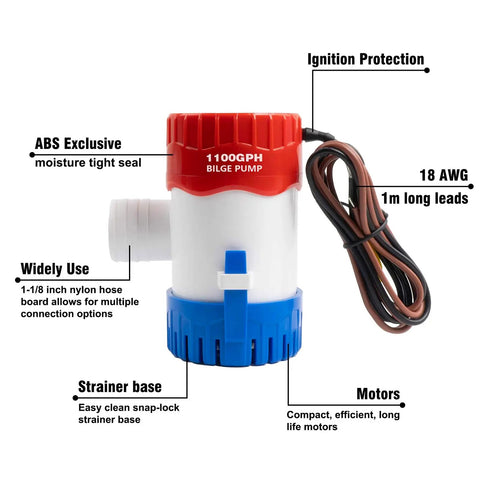 1100 GPH 12V Submersible Workhorse Bilge Pump With One And One Eighth Inch Outlet Non Automatic Quiet Marine Water Pump