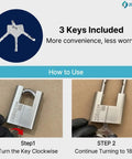 Heavy Duty Outdoor Padlock With Stainless Steel Shackle Waterproof Rustproof Lock 3 Keys For Storage Unit Warehouse Garage 1 Pack Built Tough For Weather Resistant Security In Garages And Sheds showing included keys and usage steps