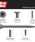 Heavy Duty Exterior Deck Screws For Pressure Treated Lumber Phillips Bugle Head Coarse Thread 1 1/4 In By 9 Gauge PrimeGuard Rust Resistant Finish image showing features.