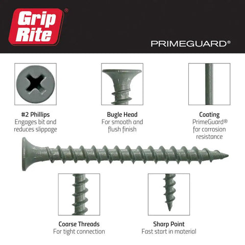 Heavy Duty Exterior Deck Screws For Pressure Treated Lumber Phillips Bugle Head Coarse Thread 1 1/4 In By 9 Gauge PrimeGuard Rust Resistant Finish image showing features.