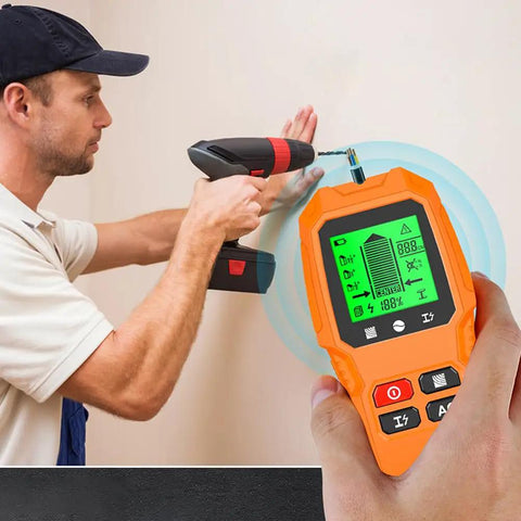 User operating 7 in 1 Smart Stud Finder Wall Scanner with LCD Display while drilling into the wall for accurate stud location.