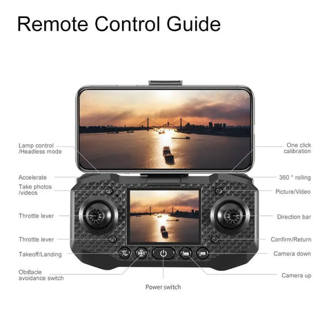 Remote control guide for Dope Dual Camera Drone With Built In LCD Remote Screen For 8K Aerial Photography highlighting features.