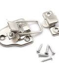 Antique Duckbilled Toggle Latch 2 Pack with Screws for jewelry boxes and tool chests, shown with screws, silver color, spring loaded
