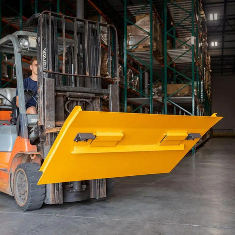 Built Tough Steel Dock Board 60 X 72 Inch 16000 Lb Rated Capacity Forklift Transfer Plate in use with forklift in warehouse.