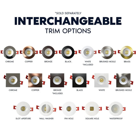 Interchangeable trim options for 2 Inch Led Recessed Lighting Kit Featuring Heavy Hitter Glare Free Deep Recessed Trim in various finishes.