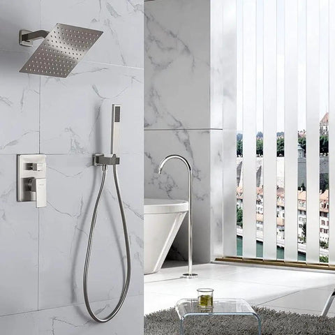 Rain Shower System With Handheld Spray, 10 Inch Wall Mounted Luxury Showerhead Set in brushed gold shown in modern bathroom