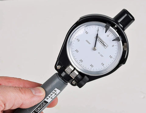 Fowler dial bore gauge, 6-inch range, black housing with white dial and Fowler logo